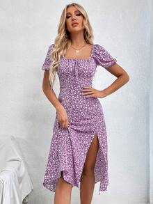 Breezaya Đầm hoa nhí lãng mạn, xẻ tà, thanh lịch, thắt nơ phía trước. - Màu Lilac Tím - Xem 5
