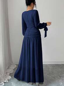 Elenzga Elegancka sukienka damska z szyfonu z falbaniastym kołnierzem, rękawami typu latarnia, wiązaniem w talii, odpowiednia na oficjalne okazje, takie jak koktajl party, bal maturalny, wesele, Halloween, Boże Narodzenie, Święto Narodowe, Nowy Rok - Granatowy - Zobacz 2