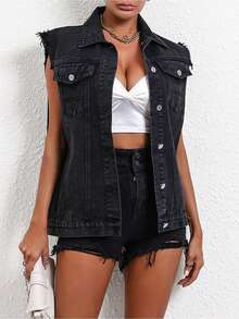 SHEIN PETITE Women's Turndown Collar Single-Breasted Fashionable Versatile Casual Denim Jacket - Black - View 4