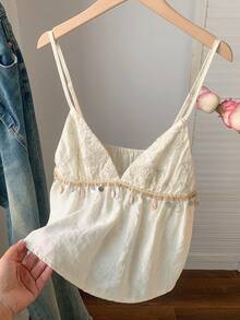 Comfortcana Women's Apricot Ruffle Hem Peplum Top Sexy Spaghetti Strap Cropped Blouse - Apricot - View 7