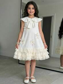 SHEIN Tween Girl Elegant Peter Pan Collar 3D Floral Decor Sleeveless Ruffle Hem Dress Tween Girl - Apricot - View 1