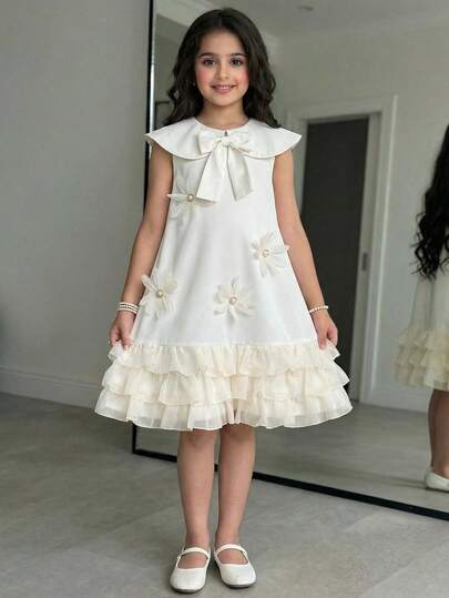SHEIN Vestido sin mangas con cuello Peter Pan, decoración floral 3D y volantes en el bajo para niña preadolescente elegante