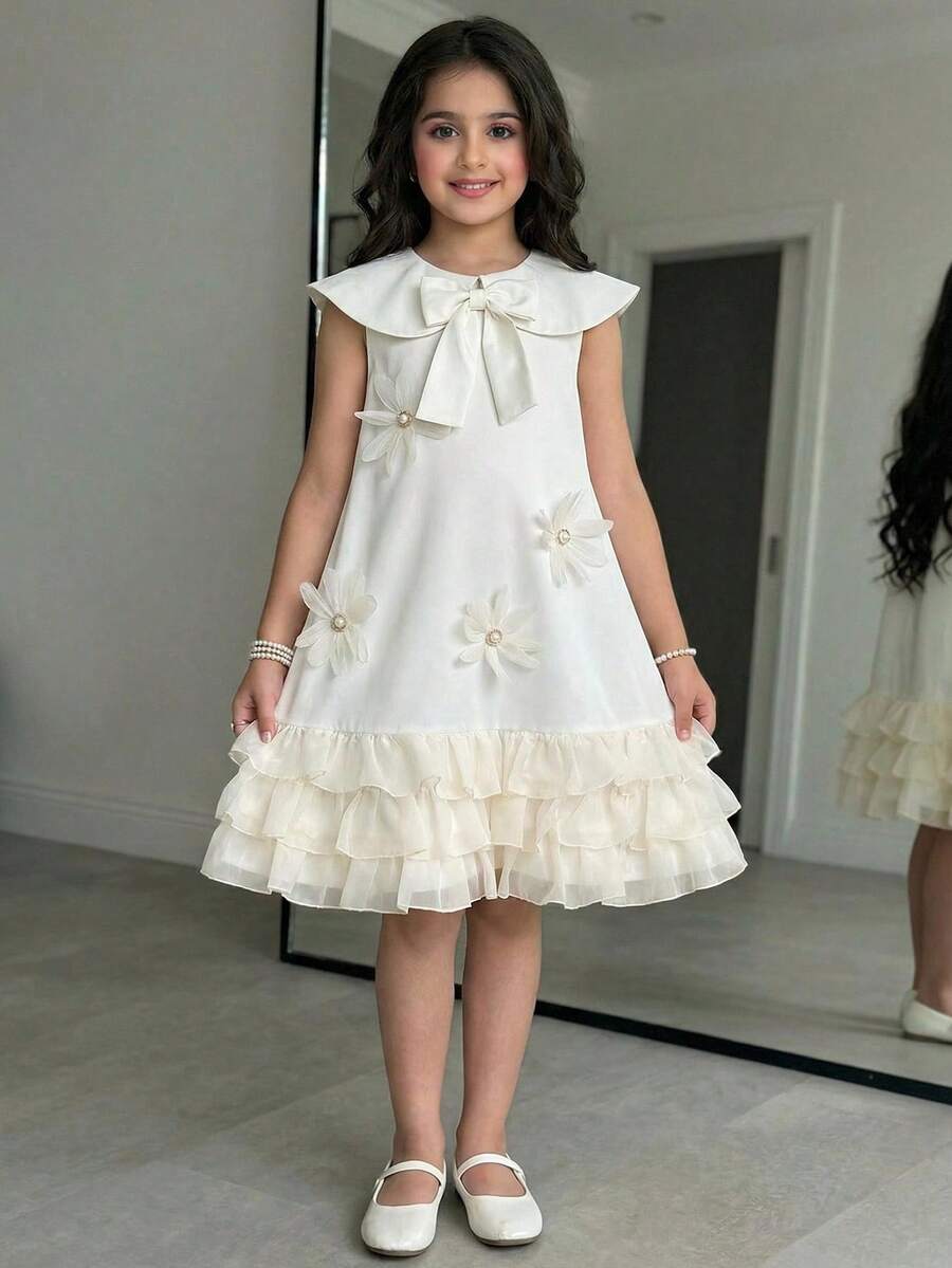 SHEIN Tween Girl Elegant Peter Pan Collar 3D Floral Decor Sleeveless Ruffle Hem Dress Tween Girl - Apricot - View 1