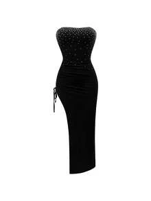 Glamine Hot Stamped Diamond Gradient Ruched Side Slit Tube Bodycon Women Valentine's Day Plicated Dress For Sexy Party Holiday Party - Black - View 3