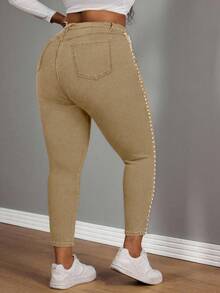 Slaydiva Plus Size Women Cowgirl Style Elastic Waist Blue Punk Jeans With Side Rivet Details, Autumn - Khaki - View 2