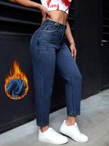 SHEIN PETITE Jeans casuales de uso diario con bolsillos y botones para mujer - Azul lavado medio - Ver 2