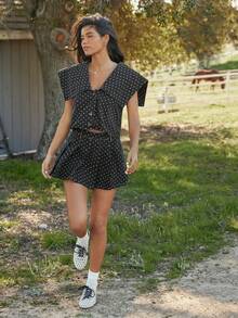 WESTFADE 波点印花褶皱牛仔迷你裙 - 灰色 - 查看 3