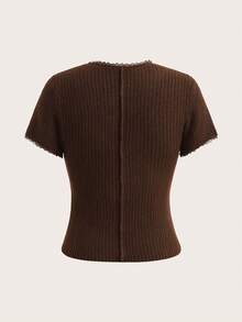 Olithes Minimalist Round Neck Vertical Ribbed Short Sleeve Knit Cardigan - Brown - View 2
