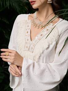 Al Najma V-Neck Fringed Embroidered Elegant Loose Long Sleeve Dress For Women - Apricot - View 1
