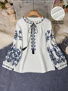 EMERY ROSE Women's Casual Vacation Style Floral Print Tassel Tie Neck Lantern Sleeve Loose Blouse, Spring/Autumn - White - View 1