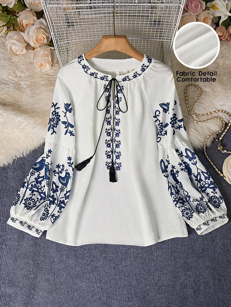 EMERY ROSE Women's Casual Vacation Style Floral Print Tassel Tie Neck Lantern Sleeve Loose Blouse, Spring/Autumn - White - View 1