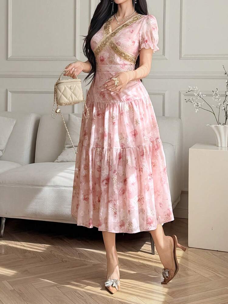 V-Neck Waist Cinched Ditsy Floral Midi Dress, Elegant French Style Summer Boho