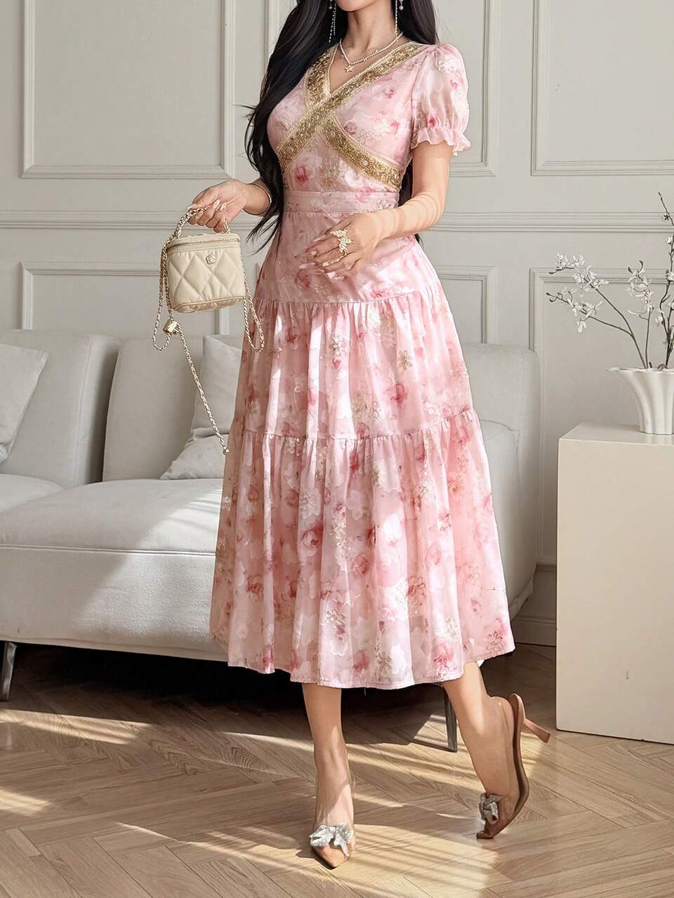 V-Neck Waist Cinched Ditsy Floral Midi Dress, Elegant French Style Summer Boho Sun Dresses For Women Vacation Outfits Women