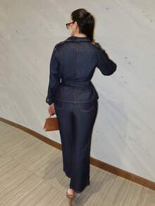 MDEdit Women's Lapel Jacket And Loose Fit Jeans Set - Blue - View 2