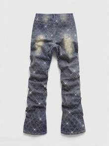 ROMWE MEN Street Life Jeans casuales para hombres lavados y desgastados con adornos de rhinestones - Azul lavado oscuro - Ver 2