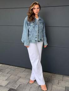 Jeta Ari Veste en jean ample et décontractée à simple boutonnage pour femmes, vêtements de rentrée scolaire - Bleu azur - Voir 5