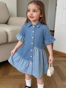 SHEIN LMoss Kids 女童撞色蓝色牛仔宽松衬衫裙 - 淺色水洗藍 - 查看 5