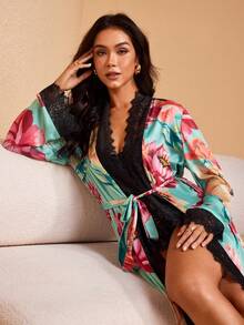 JIAN LASALA 印花缎面丝绸般优雅女士宽松长款睡袍，蕾丝边饰，长喇叭袖 - 彩色 - 查看 9