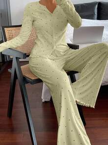 DAZY 2pcs Polka Dot Print Cardigan Long Sleeve & Straight Leg Pants Women Pajama Set, Spring - Mint Green - View 5
