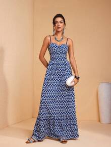 JIAN LASALA All-Over Print Spaghetti Straps Sleeveless Bustier Top Ruffled Women Maxi Dress Vacation Casual - Blue - View 3