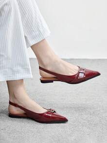 CUCCOO BIZCHIC Pointed Toe Patent Leather Mule Shoes, Suitable For Commuting And French Chic Style, Featuring Metal Buckle Accent For Luxe Touch - Burgundy - View 1
