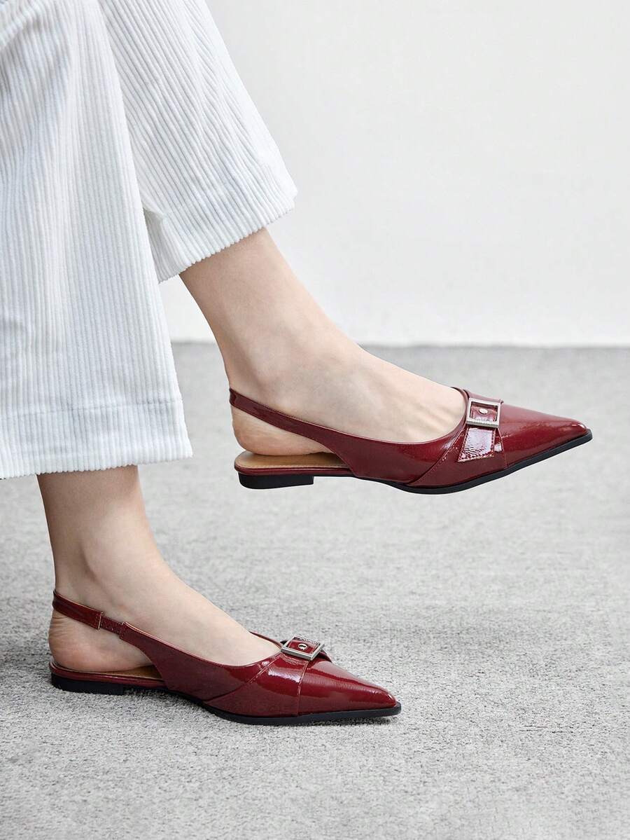 CUCCOO BIZCHIC Pointed Toe Patent Leather Mule Shoes, Suitable For Commuting And French Chic Style, Featuring Metal Buckle Accent For Luxe Touch - Burgundy - View 1