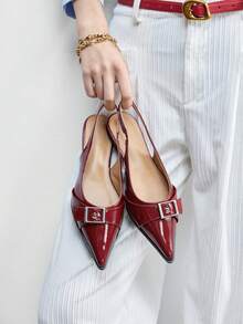 CUCCOO BIZCHIC Pointed Toe Patent Leather Mule Shoes, Suitable For Commuting And French Chic Style, Featuring Metal Buckle Accent For Luxe Touch - Burgundy - View 5