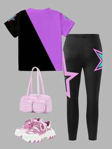 2pcs/Set Girls Idol Group Printed Top & Leggings Set, Fashionable Casual Outfit For Toddlers - Multicolor - View 4