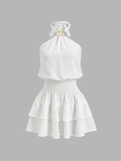 Sweetra Elegant Vintage Sweet Soft Romantic Sexy Girl Boho Hippie Music Festival Holiday Date Tea Party Double-Layer Puff Skirt Halter Backless Cinched Waist Metal Buckle Floral Decor White Women's Mini Dress, Spring/Summer/Autumn