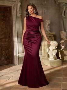 Aureia Vestido de Festa Formal Elegante Plus Size em Cetim Bordô com Retalhos, Ombro Assimétrico, Fivela Metálica e Cauda de Sereia, Adequado para Casamentos, Festas, Férias e Todas as Ocasiões Formais, Vestido de Madrinha - Vinho - Visão 9