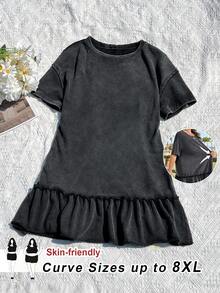 SHEIN CURVE+ 大码女装夏季圆领短袖荷叶边下摆休闲连衣裙，秋季，太阳裙，可爱，度假，欧洲夏季，街头风，Y2K，乡村，海滩，休闲连衣裙，2000年代风格，黑色，西部风，乡村音乐会，学校，早午餐，复古，颓废风，娃娃裙，返校季/2026/新年 - 黑色 - 查看 1