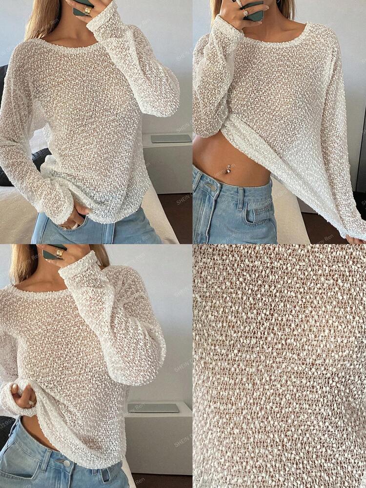 Women's Solid Color Round Neck Drop Shoulder Long Sleeve Casual Loose T-Shirt