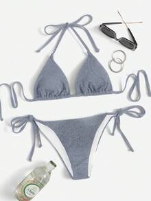 Swim Mod Bộ bikini tối giản màu trơn ánh kim lấp lánh dành cho nữ, kiểu dáng hở lưng, buộc dây phía trước, xẻ tà, thích hợp cho kỳ nghỉ hè trên bãi biển. - Màu xanh bụi bặm - Xem 5
