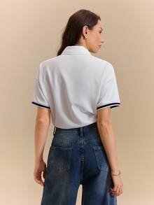 Hanevo Women's Fashion Drawstring Hem Zipper Lapel Short Sleeve Hoodie,Spring/Summer,Casual,Go Out - White - View 2