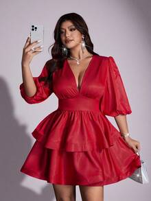 Viva Relle Đầm ngắn gợi cảm cổ chữ V sâu, eo thon, tay phồng, viền bèo dành cho nữ cỡ lớn, màu trơn, chất liệu bóng, thích hợp cho mùa xuân/thu, dự tiệc cao cấp, sinh nhật, hẹn hò, lễ hội, đi làm, ngày Valentine, kiểu đầm công chúa sành điệu. - Đỏ - Xem 1