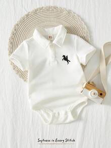 Cozy Pixies Baby Boy Cartoon Horse Pattern Soft Knit Polo Collar Romper - White - View 6