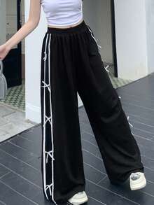 DAZY Women's Color Block Simple Bow Tie Decorated Straight Pants For Daily Wear - Black - View 5