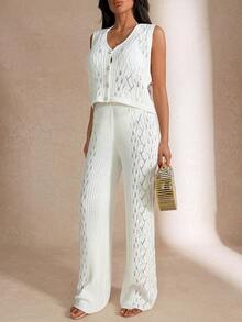 EURMUSE Seductive Pointelle Knit Button-Front Crop Top & Knit Pant Beachwear Cover Up Set - Apricot - View 4