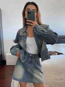 DAZY 西部牛仔复古做旧宽松领刺绣长袖直筒迷你裙休闲街头秋冬女装牛仔套装 Y2k - 藍色 - 查看 3