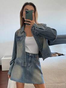 DAZY 西部牛仔复古做旧宽松领刺绣长袖直筒迷你裙休闲街头秋冬女装牛仔套装 Y2k - 藍色 - 查看 7