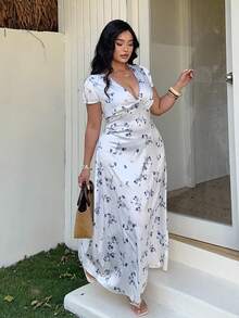 Sunnyshic Đầm midi satin họa tiết hoa nhí thời trang, thắt eo. - trắng - Xem 5