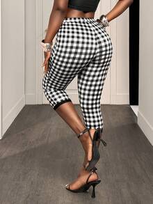 BamGleam Quần legging nữ kẻ caro tối giản phong cách thường ngày - Đen và trắng - Xem 3