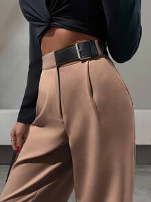 SHEIN Tall Elegant Style, Half Faux Leather Belt Detailed Straight Fit Pant - Camel - View 1