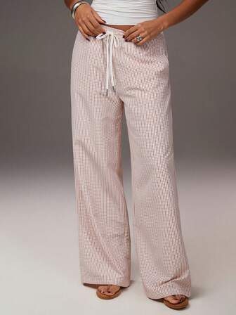 Athîral Women's Drawstring Waist Plaid Casual Versatile Commuting Wide Leg Pants