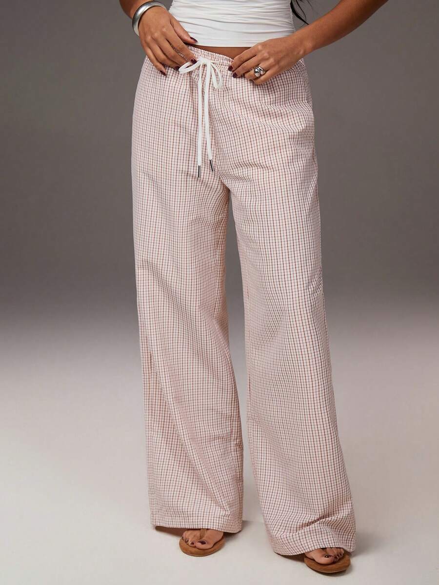 Athîral Women's Drawstring Waist Plaid Casual Versatile Commuting Wide Leg Pants - Multicolor - View 1