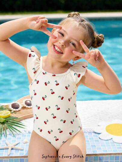 SHEIN Cream White, Retro Sweet Cute Cherry Print, BM Style, Island Vacation, Young Girl Spring/Summer Sweet Cool Casual Cute Cartoon Strawberry Print Ruffle Sleeve One Piece Swimsuit, Vacation, Beach, Beachwear, Resort Style, Vacation Outfits, Retro Style