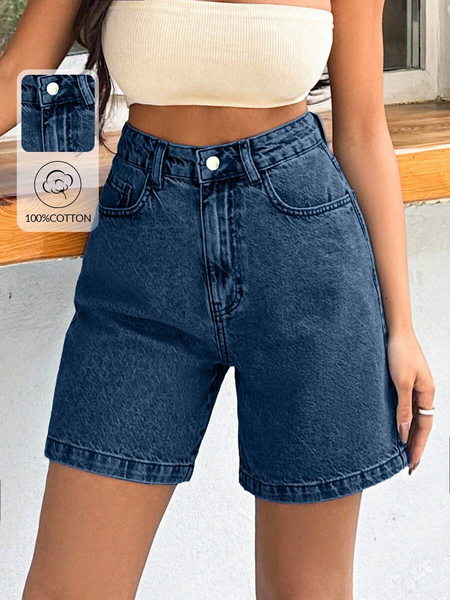 EURMUSE Short de mujer 100% algodón rígido de lavado medio - Azul lavado oscuro - Ver 1