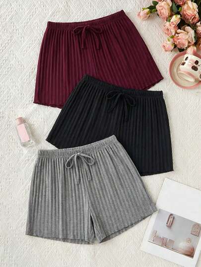 EURMUSE Conjunto de shorts feminino de algodão canelado multicolorido com cordão falso, 3 peças, ideal para usar em casa. Confortável e confortável.