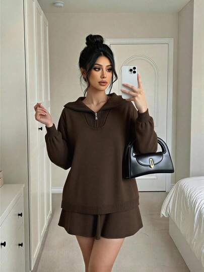 CasuGlow Women Half Zip Polo Neck Sweater And Sweater Pleated Skirt 2pcs Set Co-Ords Brown Sweater Brown Zip Up Sweater Brown Pullover Brown Outfit Women Brown Top Brown Knit Sweater Womens Brown Sweater Brown Clothes Brown Hoodie Earthy Clothes Women