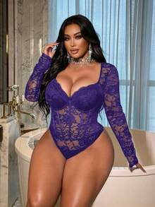 NU&NOW Plus Size Women Lace Bodysuit, Long Sleeve Elegant Slim Fit Bodysuit, Suitable For Party, Valentine's Dayvalentine Outfits For Women - Purple - View 3